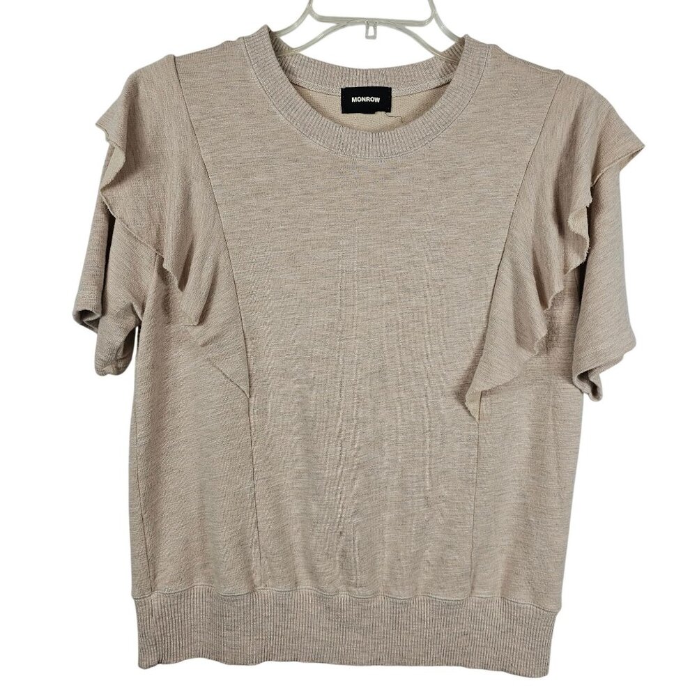 Light Academia Preppy Business Casual Womens L Monrow Beige Flutter Sleeve Top